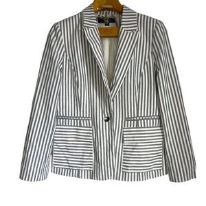 Tahari Women Blazer Career Jacket Stripes Single Button White Navy Sz: 10